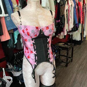 Y2K Penthouse Floral Bustier Top W/Garters Adjustable Straps Size L Pink/Black